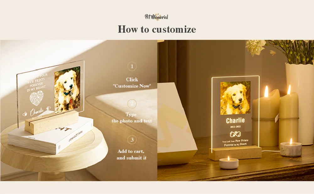 Personalized Custom Pet Photo Frame 3D Acrylic Lamp Customized Dog Cat Memorial Photo Frame Pet Sympathy Gifts LED Night Light