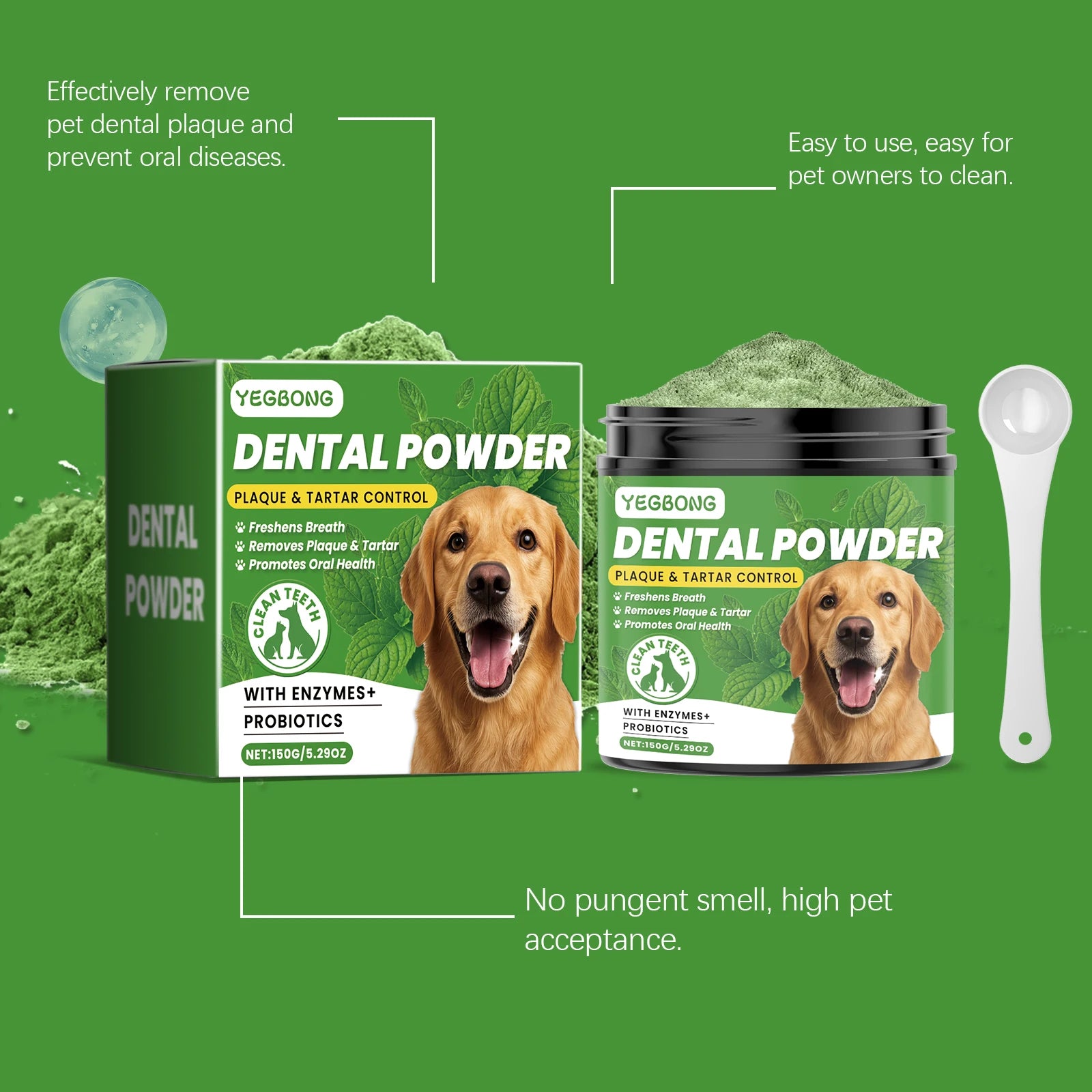 Yegbong 150g Dog Teeth Cleaning Powder - Gentle Dental Care for Pets - Removes Tartar, Stains & Bad Breath - Whitens Teeth