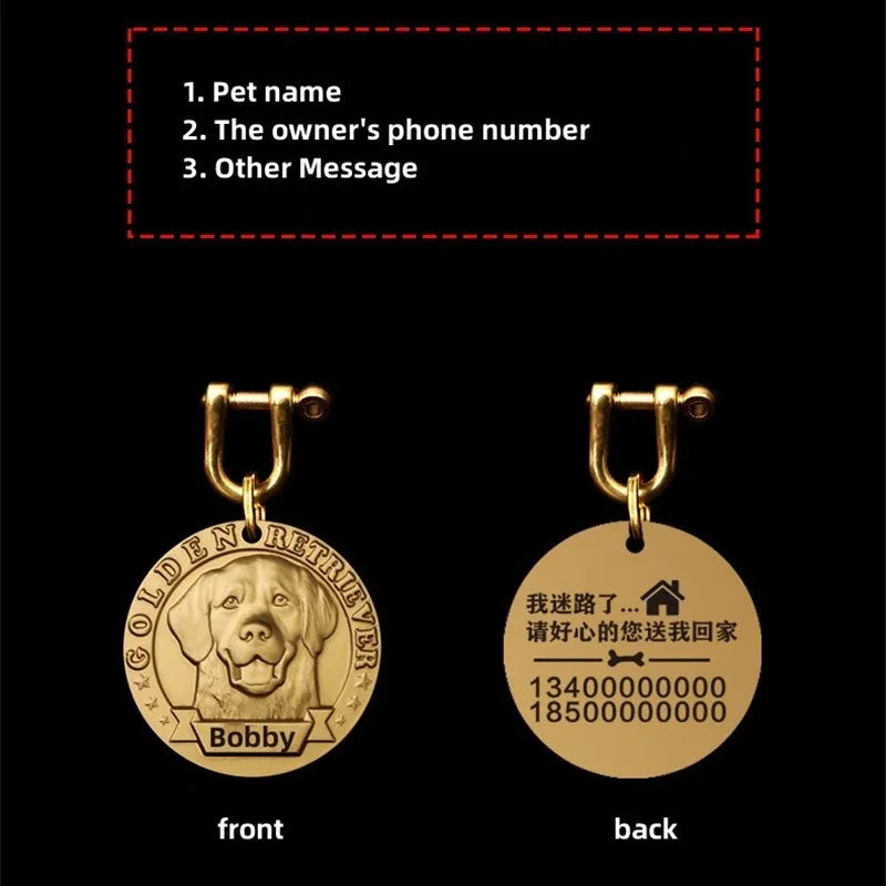 Customized Dog ID Tag Brass Embossed Lettering Prevent Losing Pets Card Engraved Personalized Pet Collar Charm Name Pendant