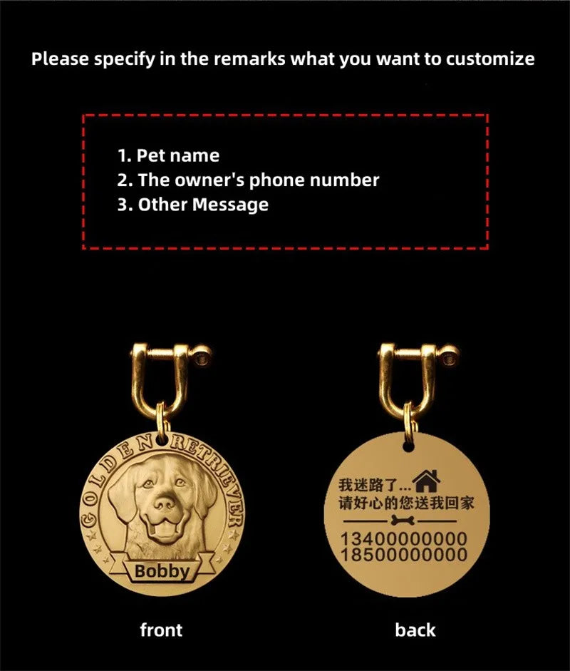 Customized Dog ID Tag Brass Embossed Lettering Prevent Losing Pets Card Engraved Personalized Pet Collar Charm Name Pendant