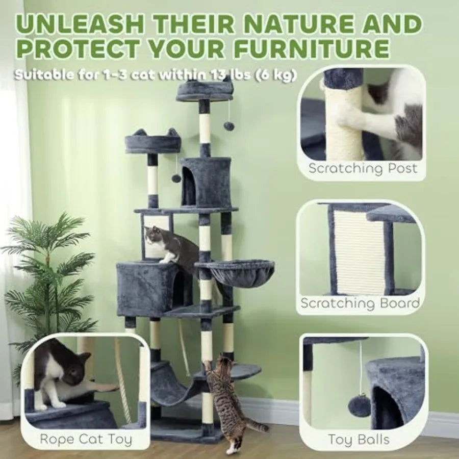 81 Cat Tree for Large Indoor Cats with Scratching Posts Board Condos Beds Hammocks Multi-Level Platforms Toy Balls Rope Toy in