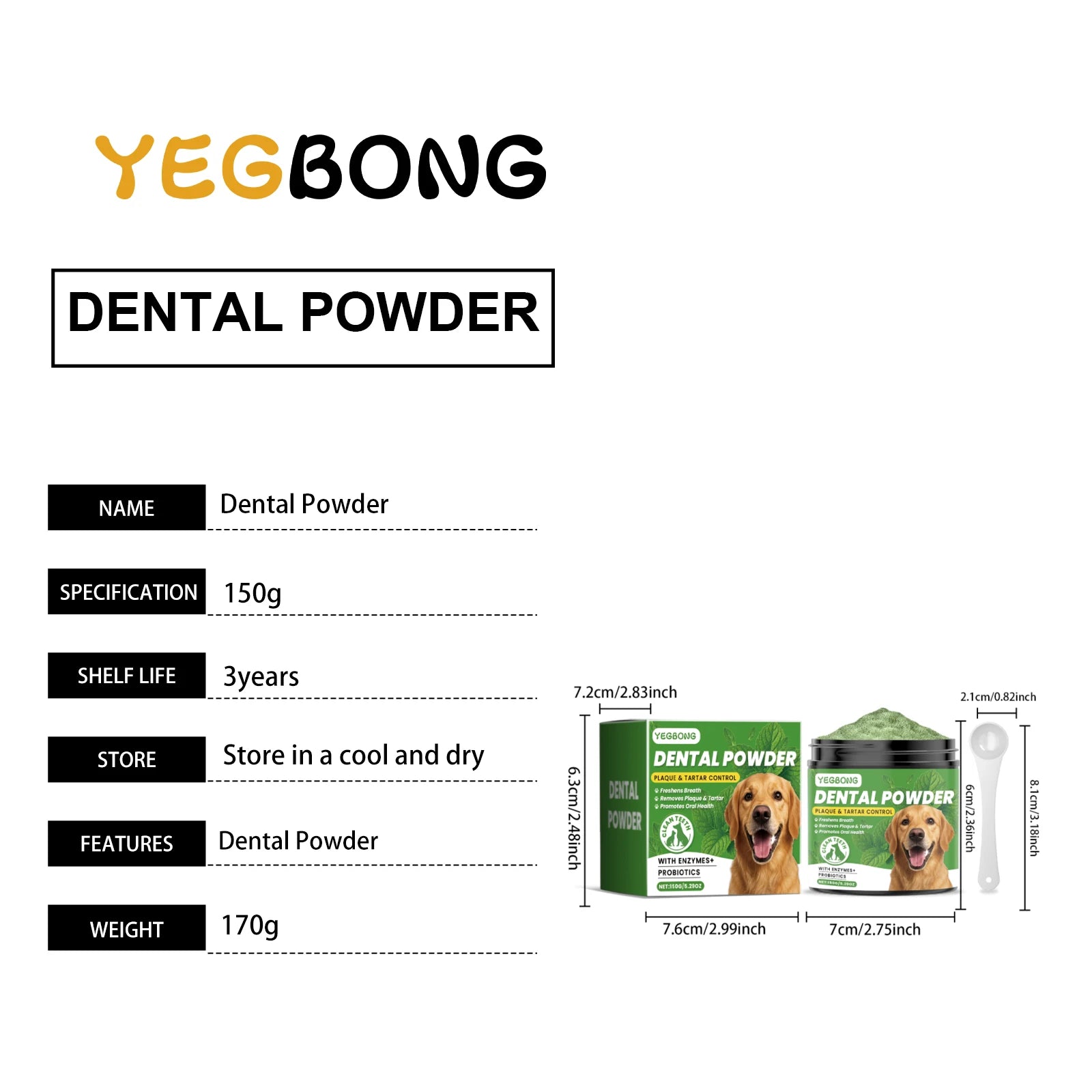 Yegbong 150g Dog Teeth Cleaning Powder - Gentle Dental Care for Pets - Removes Tartar, Stains & Bad Breath - Whitens Teeth