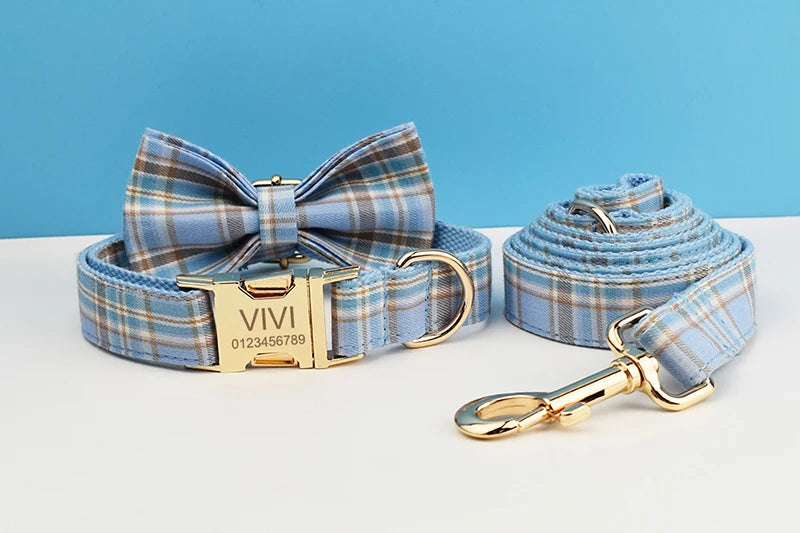 Plaid Dog Collar And Leash Set For Dogs Custom Engraved Nameplate Pet Supplies Dog Leash Grid 16
