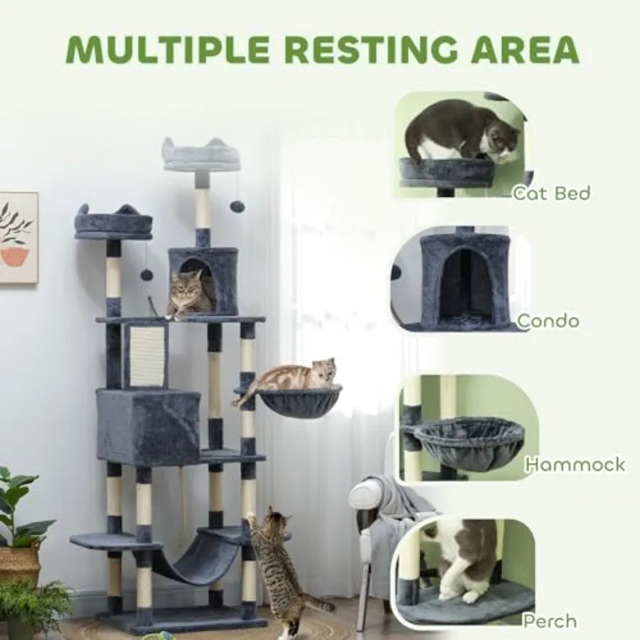 81 Cat Tree for Large Indoor Cats with Scratching Posts Board Condos Beds Hammocks Multi-Level Platforms Toy Balls Rope Toy in