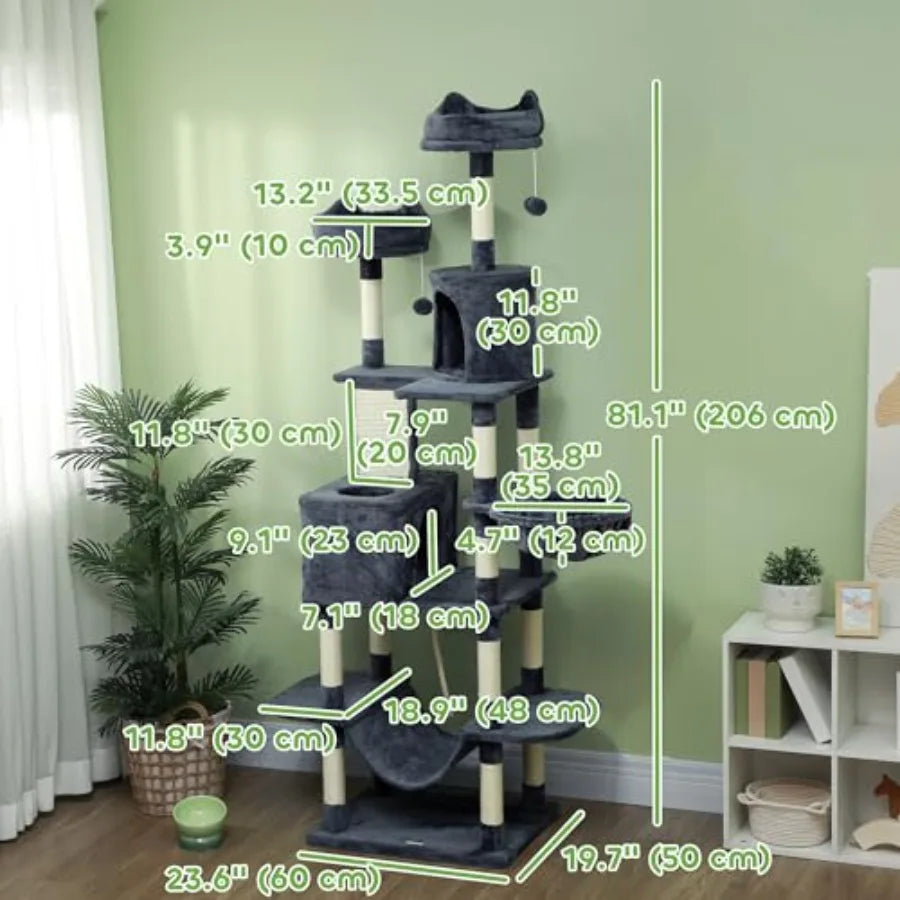 81 Cat Tree for Large Indoor Cats with Scratching Posts Board Condos Beds Hammocks Multi-Level Platforms Toy Balls Rope Toy in